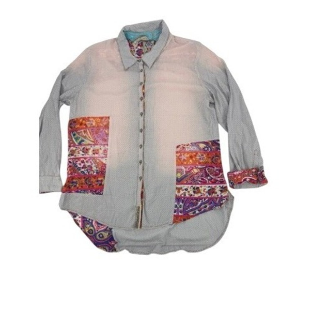 Aratta Silent Journey Button Down Shirt Womens Large White Blue‎ Paisley Patch